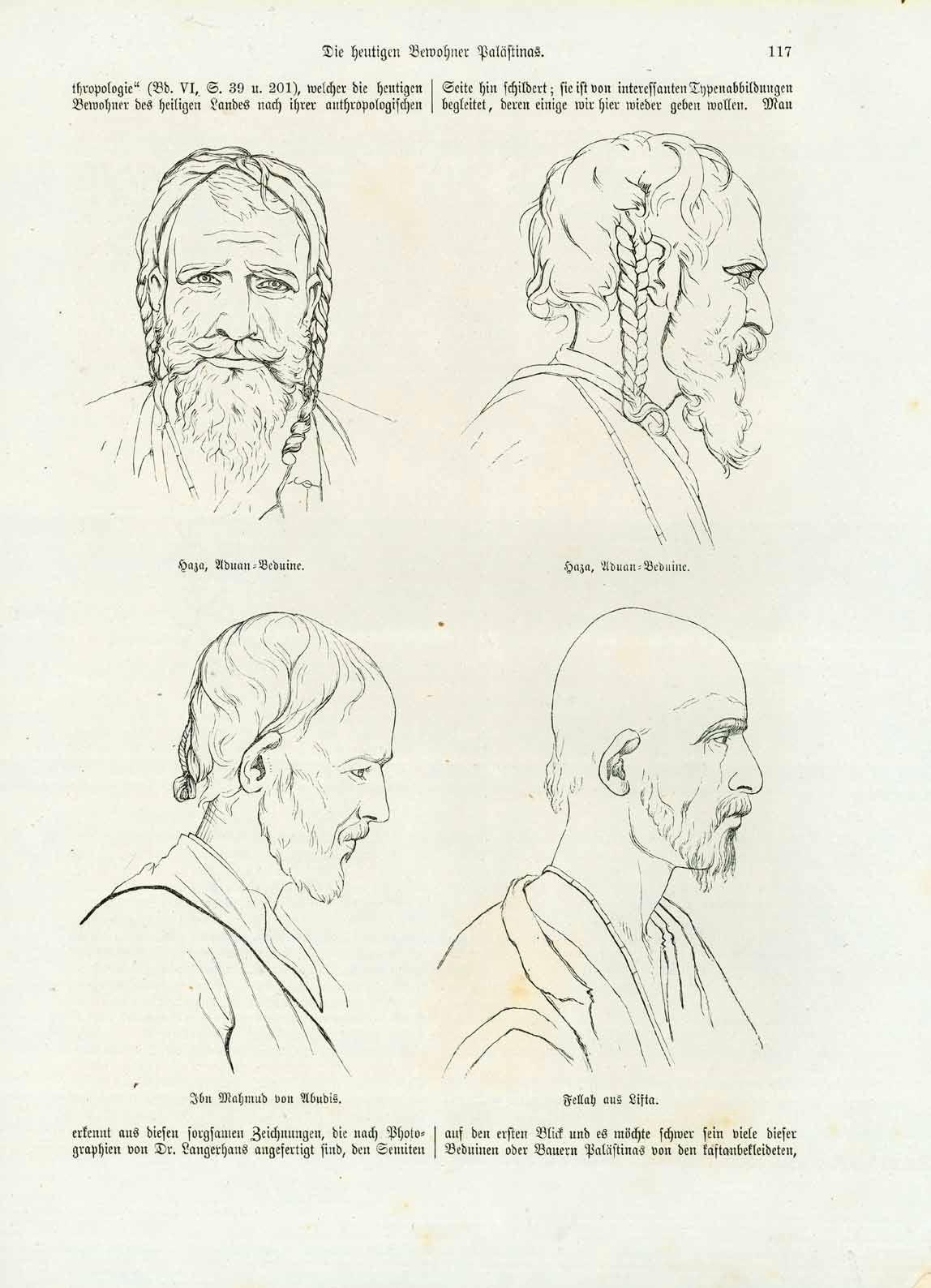 "Die heutigen Bewohner Palaestinas"  Upper row: "Haza, Aduan-Beduine"  Lower row: "Iban Mahmud von Abudis" "Fellah von Lifta"  Original antique print    Wood engravings published ca 1880. On the reverse side are two images of Druzes and text about the peoples of Palestine and Lebanon.