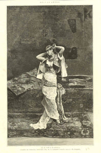  "La Sultana"  Wood engraving made after a photograph of the painting by Peralta, Publishd in Spain, 1884. Reverse side is printed with unrelated text.  Original antique print 