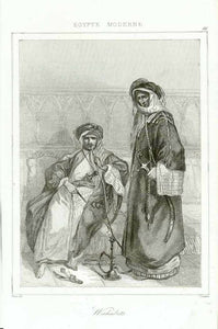 "Wahabits"  Steel engraving by Lemaitre ca 1850 of Wahabits in Egypt. The left Wahabit is smoking a waterpipe.  Original antique print 