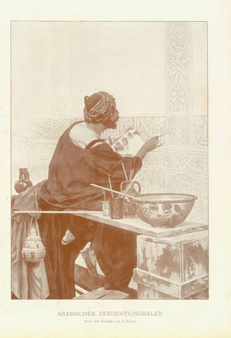 "Arabischer Dekorationsmaler"  Chromolithograph dated 1902 showing an Arabic decoration painter.  Original antique print   Made in sepia color.