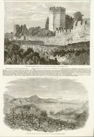 Upper image: "Walls of Constantinople" Lower image: "Buyukdere Valley"  Wood engravings on a page of text that continues on the reverse side. Dated 1856.