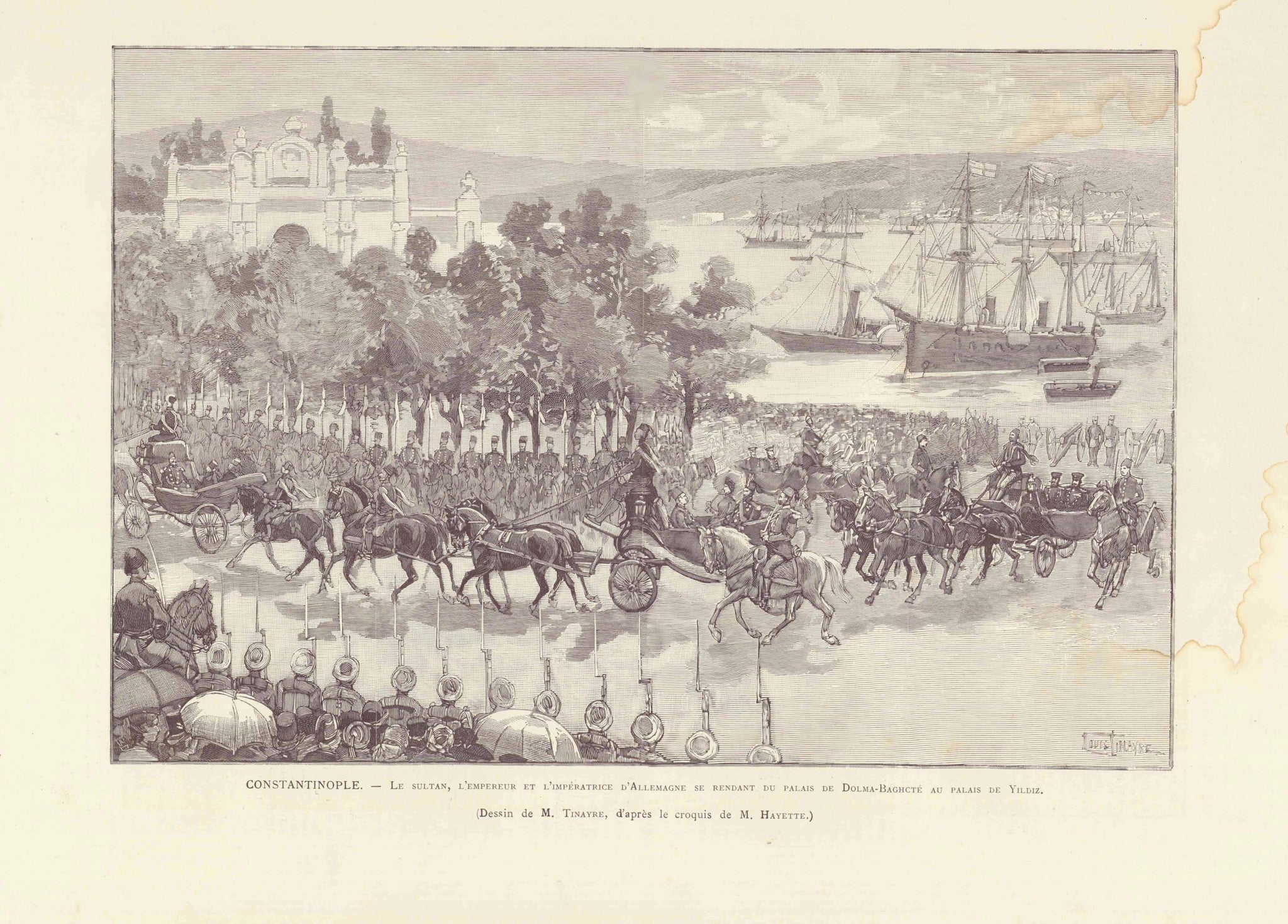 "Constantinople. - Le sultan, L'Empereur et L'Empératrice d'Allemagne se rendant du Palais de Dolma Baghcté au Palais de Yildiz"  Wilhelm II in der Konstantinopel  Zincograph (Lithograph on the basis of a zinc plate) by Hayette.  Paris, 1898 Reverse side is printed with unrelated text.  Original antique print  