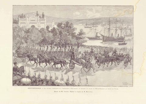 "Constantinople. - Le sultan, L'Empereur et L'Empératrice d'Allemagne se rendant du Palais de Dolma Baghcté au Palais de Yildiz"  Zincograph (Lithograph on the basis of a zinc plate) by Hayette.  Paris, 1898  Original antique print  