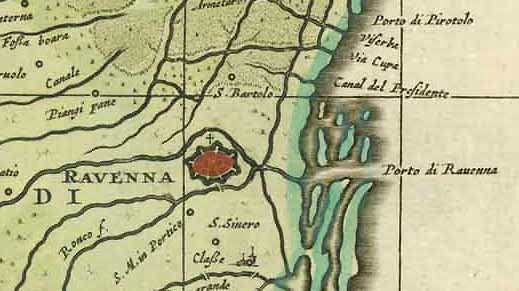 "Ducato di Ferrara". Copper etching by Peter Schenk sen. (1645 - 1715) and Gerard Valk (1626-1720) in hand coloring. Amsterdam, ca. 1700.  The yellow part of this map shows the duchy of Ferrara. To the south are Bologna and Ravenna and the surrounding areas. To the East is the Adriatic Sea. The central waterway is the Po river and its many tributaries. North of the Po is part of the course of the Adige river. 