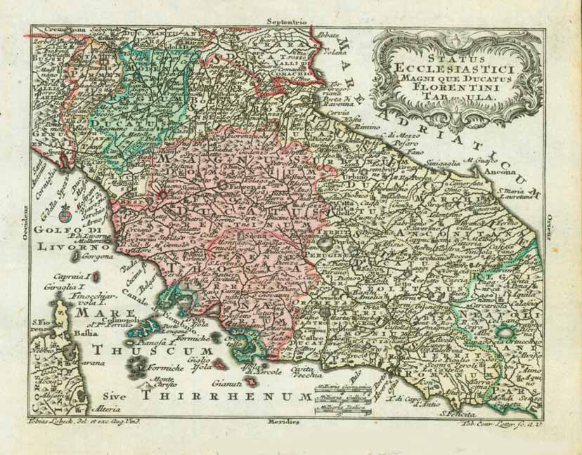 "Status Ecclesiastici Magni Que ducatus Florentini Tabula." Copper etching by Tobias Conrad Lotter ( (1717-1777) after Tobias Lobeck for the "Atlas Geographicus portabilis" (Pocket size atlas) published 1760-1762. Original hand coloring.  Florence is located in the center of this map that reaches as far north as Cremona in the upper left. Gaeta is in the lower right . The coast of the Adriatic reaches bit south of Fermo. In the lower left is part of Corsica.