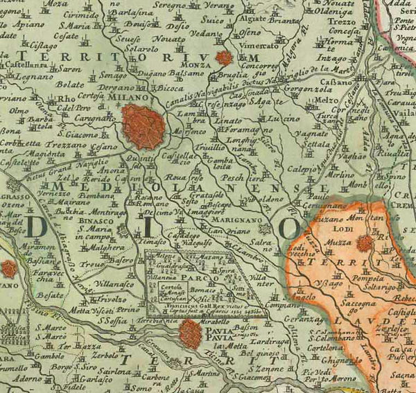 "Belli Typus in Italia victricis Aquilae progressius in Statu Mediolanensi et Ducatu Mantuae demonstrans." Copper engraving by Johann Bapt. Homann, dated 1702. Modern hand coloring. Milan is in the upper center of this northern Italian map. In the upper left is Salurn and St. Michael on the Adige River. In the upper left is Brig and Arnen in Switzerland. In the lower left is Mondovi. Modena and Torricella are in the lower right. Mantua