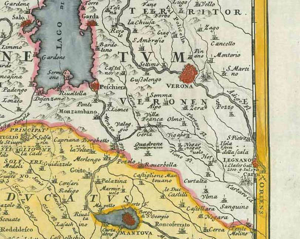 "Belli Typus in Italia victricis Aquilae progressius in Statu Mediolanensi et Ducatu Mantuae demonstrans." Copper engraving by Johann Bapt. Homann, dated 1702. Modern hand coloring. Milan is in the upper center of this northern Italian map. In the upper left is Salurn and St. Michael on the Adige River. In the upper left is Brig and Arnen in Switzerland. In the lower left is Mondovi. Modena and Torricella are in the lower right. Mantua