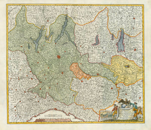 "Belli Typus in Italia victricis Aquilae progressius in Statu Mediolanensi et Ducatu Mantuae demonstrans." Copper engraving by Johann Bapt. Homann, dated 1702. Modern hand coloring.  Milan is in the upper center of this northern Italian map. In the upper left is Salurn and St. Michael on the Adige River. In the upper left is Brig and Arnen in Switzerland. In the lower left is Mondovi. Modena and Torricella are in the lower right. Mantua