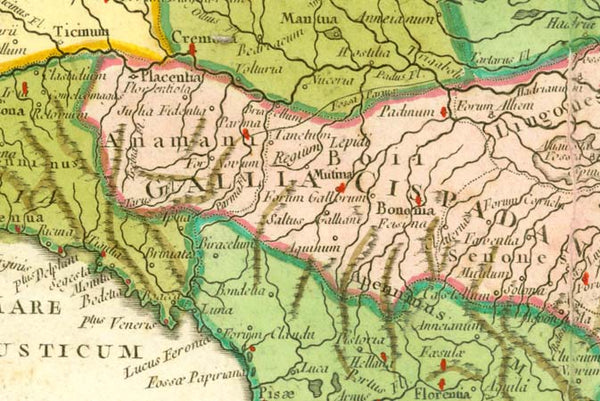 Antique map, alte Karte, Italia, Italien, Corsica, Corse, Korsica, Sardinia, Sardinien, Sardegna, Sicily, Sicilia, Toponymy, Sanson, "Italia Antiqua cum Insulis Sicilia, Sardinia et Corsica". Copper etching by Robert de Vaugondy son (1723-1886) after a map by Nicolas Sanson. Published in Paris, 1751 . Hand coloring later.