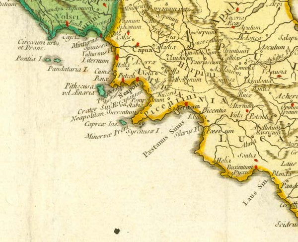 Antique map, alte Karte, Italia, Italien, Corsica, Corse, Korsica, Sardinia, Sardinien, Sardegna, Sicily, Sicilia, Toponymy, Sanson, "Italia Antiqua cum Insulis Sicilia, Sardinia et Corsica". Copper etching by Robert de Vaugondy son (1723-1886) after a map by Nicolas Sanson. Published in Paris, 1751 . Hand coloring later.