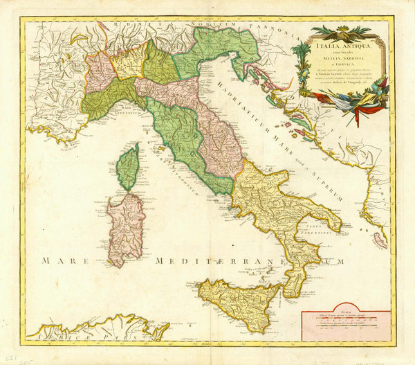 Antique map, alte Karte, Italia, Italien, Corsica, Corse, Korsica, Sardinia, Sardinien, Sardegna,  Sicily, Sicilia, Toponymy, Sanson,    "Italia Antiqua cum Insulis Sicilia, Sardinia et Corsica".   Copper etching by Robert de Vaugondy son (1723-1886) after a map by Nicolas Sanson.  Published in Paris, 1751 . Hand coloring later.