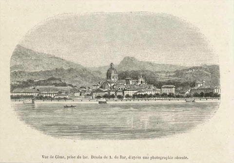 "Vue de Come, pris du lac."  Wood engraving by A. de Bar after a photograph. Published in a French publication 1860. The image is on a page of text that  continues on the reverse side about Como.