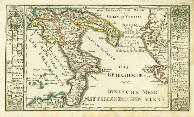 "Das Koenigreichs Napoli sud-theil". Copper etching by Gabriel Bodenehr ca 1720. Outline hand coloring.  Map shows the southern part kingdom of Naples.. In the upper left and right corners are ornate coats-of-arms. On the right side is a bit of Greece.