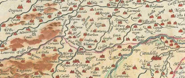 "Patavini Territorii Corographia, Iac. Castaldo Auct."  Hand-colored copper etching by Giacomo Gastaldi (ca. 1500-ca. 1568) Original antique print   Published in "Theatrum Orbis Terrarum", the first world atlas ever printed. By Abraham Ortelius (1527-1598). Antwerp, 1573 (second edition)  West- oriented map of the Province of Padua in Italy. reaching from Vicenza to Venice and the Adriatic Coast between the rivers Zero (fiume Zero) and Adige (Etsch), or if you will between the Island of Mazzorbo and Choggia