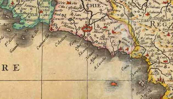 Map of Italy, Published by Jan Janssonius who had bought the rights from Visscher / Hondius  Amsterdam, 1628 (1st edition)  The first edition was published in the Visscher/Hondius atlas 1628  Our map:  Published in Amsterdam as a single sheet map (not bound in an atlas)  Amsterdam, 1640 (second edition). Date was changed in title cartouche from 1628 to 1640  Views at top and bottom: Roma, Napoli, Venetia, Fiorenza, Genova, Verona  Parma, Siena, Solfataria near Pozzuoli, Anthrum lethale grotta de li cali, Po
