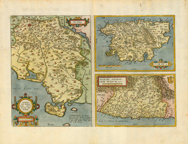 "Senensis Ditionis, Accurata Descrip."  "Corsica"  "Marcha Anconae, Olim Picenum 1572"  One half page and two small maps on a double page  Hand-colored copper etchings. Published in "Theatrum Orbis Terrarum"  By Abraham Ortelius (1527-1598)  German edition (Verso text in German), Original antique print , interior design, wall decoration, ideas, idea, gift ideas, present, vintage, charming, special, decoration, home interior, living room design