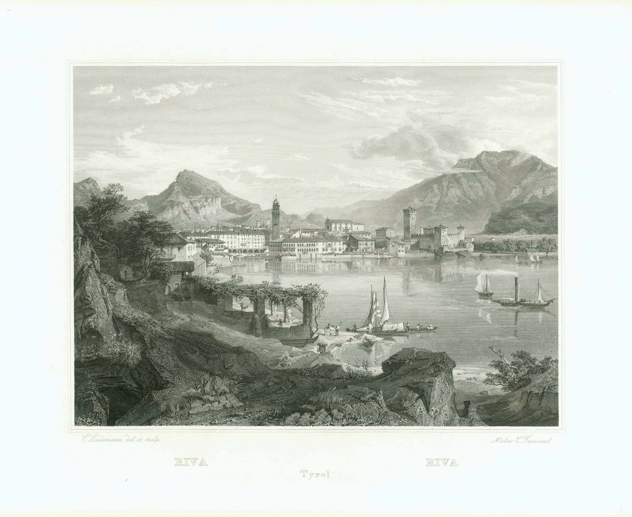 "Riva"  "Tyrol"  Exceptional steel engraving of Riva by C. Lindermann, 1842.  The print is from "Tyrol und seine naechste Umgebungen" by C. Frommel.  Original antique print , interior design, wall decoration, ideas, idea, gift ideas, present, vintage, charming, special, decoration, home interior, living room design