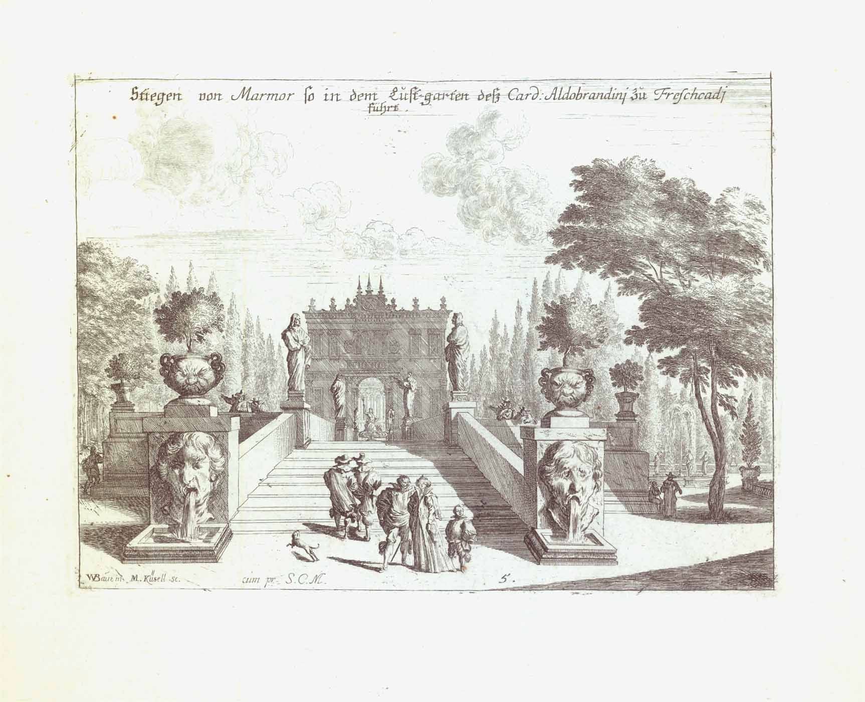 "Stiegen von Marmor so in dem Lust-garten dess Card. Aldobrandini zu Freschcadi Fueret"  Italy, Frascati, Aldobrandini  Copper engraving from Melchior Kussell after I. W. Baur published in "Iconographia" 1671.  Original antique print  