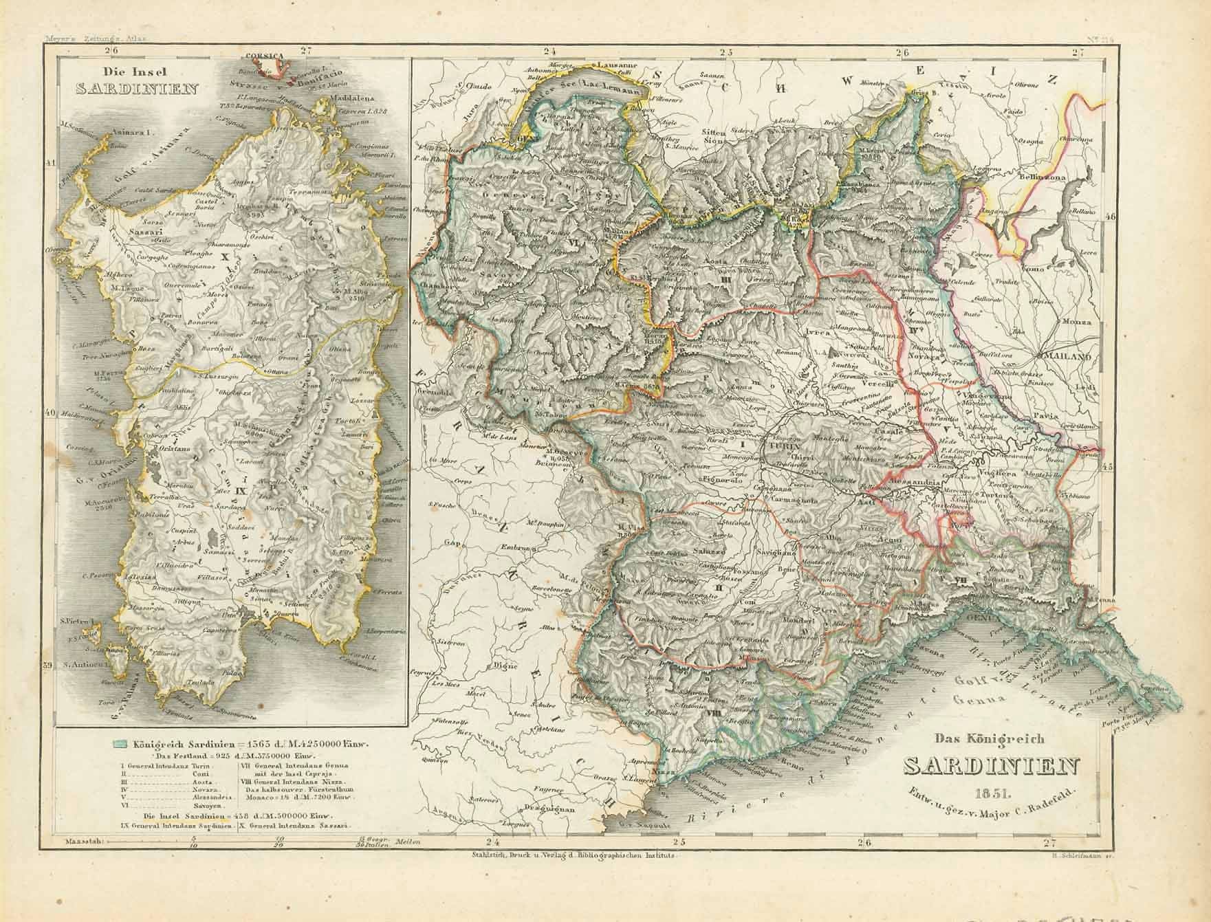 Sardinia. - "Das Königreich Sardinien 1851"  (The Kingdom of Sardinia)  The island of Sardinia in a side map. Main map: The extension of the "Kingdom of Sardinia" on the main land in Italy.  After having been, for centuries, a Vice-Kingdom of Spain, the island of Sardinia came into the possession of the Duke of Savoy in 1720, who assumed the higher ranking title of "King". Center of this kingdom was Turin in Peimont. Out of this resulted in 1861, the Kingdom of Italy., 1851, Original antique print 