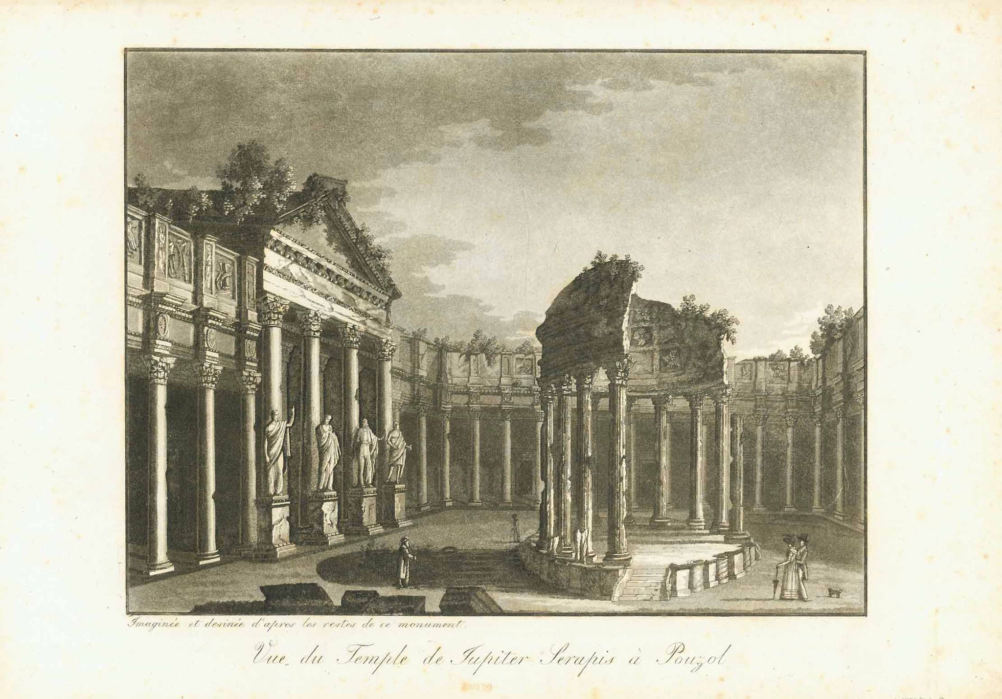 Pozzuoli. - "Vue du Temple de Jupiter Serapis a Pouzol"  Anonymous aquatint copper etching  Ca. 1821  This view is a reconstruction of the ãMacellum" of the Roman colony of Puteoli, the antique market place of what is now called Pozzuoli on the Gulf of Naples. This market was built in the second century A.D. It was destroyed by various earth quakes. When excavated in the 18th century only remnants were found in an architectural arrangement, however, that it allowed reconstruction.