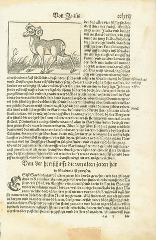 "Von der herscaffe die von alten zeiten haer in Sardinia ist gewesen"  Woodcut. Published in "Cosmographia" by Sebastian Muenster (1488-1552)  German edition. Basel, 1553  At the top of the page is a mufflon (mouflon) a wild sheep still found in Sardinia. Interesting text about the history and wildlife of Sardina. On the lower reverse side is an article about the Stetten (cities and towns) of Sardinia-mostly Cagliari.  Original antique print  