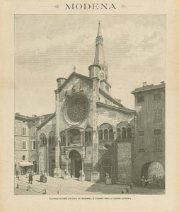 City Views, Italy, Modena, Torre Della Ghirlandina, "Facciata Del Duomo Di Modena E Torre Della Ghirlandina"  Wood engraving ca 1880. On the reverse side is unrelated text.  Original antique print 