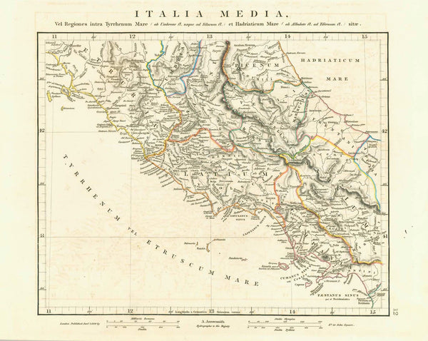 "Italia Media" "Vel Regiones intra Tyrrhenum Mare (ad Umbrone Fl. usque ad Silarum Fl) et Hadriaticum Mare..."  Copper engraving map by Arrowsmith dated 1828.  Original antique print    For a 30% discount enter MAPS30 at chekout   Original hand outline coloring.