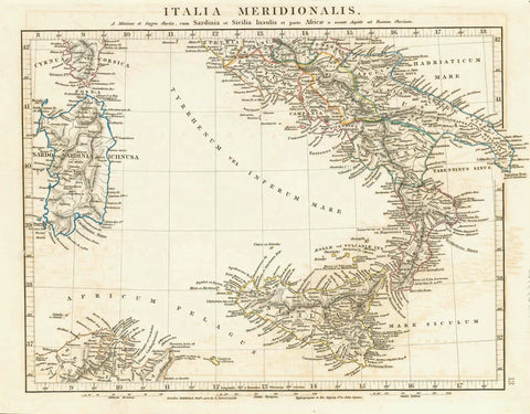 "Italia Meriodionalis" "A Minione et Sagro fluviis, cum Sardinia et Sicilia Insulis et parte Africae"  Copper engraving map by Arrowsmith dated 1828.  Original antique print    For a 30% discount enter MAPS30 at chekout  Original hand outline coloring. Very detailed with ancient names of peoples and places.