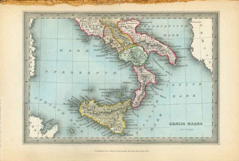 Maps, Italy, Southern Italy, Sicily, Graecia Magna, "Graecia Magna"  Rare copper engraving map by Joshua Archer (1792-1863) Published by the Society for Promoting Christian Knowledge in 1847. Very attractive original hand coloring. Ancient names of towns and topography.  Original antique print    For a 30% discount enter MAPS30 at chekout 