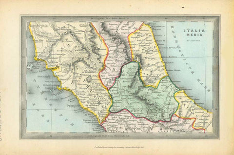 Maps, Italy, "Italia Media"  Rare copper engraving map by Joshua Archer (1792-1863) Published by the Society for Promoting Christian Knowledge in 1847. Very attractive original hand coloring. Ancient names of towns and topography.  Original antique print    For a 30% discount enter MAPS30 at chekout  interior design, wall decoration, ideas, idea, gift ideas, present, vintage, charming, special, decoration, home interior, living room design