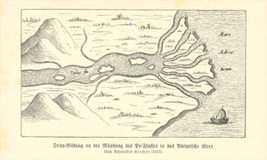 "Delta-Bldung an der Muendung des Flusses in das Adriatische Meer"  River Po, Delta, Adria  Wood engraving after Athanasius Kircher on a page of text about the geological forces of water to form valleys.   For a 30% discount enter MAPS30 at chekout   Published ca 1900. 