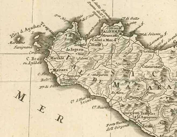 "Carte des Royaumes de Naples et de Sicile. Pays anciennement appellé Grande Grèce: Pour la Partie d'Italie d'arès la Carte de Zanoni (Giovanni Antonio Rizzi Zannoni (1736-1814) et pour la Sicile, d'après celle du Baron Schmettau" (Friedrich Wilhelm Karl Graf von Schmettau, 1743-1806). The date in thé title cartouche is 1780.  Copper etching by I. Rausch after the design by J.G.K. (we have only these initials)  Dated 1789  The title cartouche gives information about the cartographic artists.  The part of It