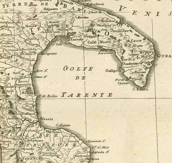 "Carte des Royaumes de Naples et de Sicile. Pays anciennement appellé Grande Grèce: Pour la Partie d'Italie d'arès la Carte de Zanoni (Giovanni Antonio Rizzi Zannoni (1736-1814) et pour la Sicile, d'après celle du Baron Schmettau" (Friedrich Wilhelm Karl Graf von Schmettau, 1743-1806). The date in thé title cartouche is 1780.  Copper etching by I. Rausch after the design by J.G.K. (we have only these initials)  Dated 1789  The title cartouche gives information about the cartographic artists.  The part of It