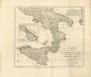 "Carte des Royaumes de Naples et de Sicile. Pays anciennement appellé Grande Grèce: Pour la Partie d'Italie d'arès la Carte de Zanoni (Giovanni Antonio Rizzi Zannoni (1736-1814) et pour la Sicile, d'après celle du Baron Schmettau" (Friedrich Wilhelm Karl Graf von Schmettau, 1743-1806). The date in thé title cartouche is 1780.  Copper etching by I. Rausch after the design by J.G.K. (we have only these initials)  Dated 1789  The title cartouche gives information about the cartographic artists.  The part of It