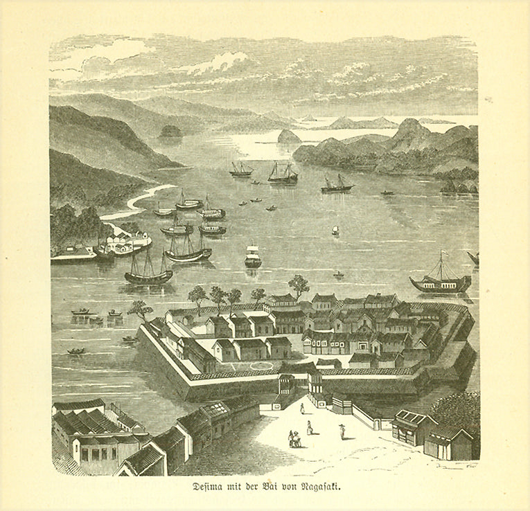 "Desima mit der Bai von Nagasaki"  Wood engraving published 1881. This print shows the Dejima (artificial island) in the Bay of Nagasaki. Below the image is German text that continues on the reverse side about early Dutch exploration of Japan.