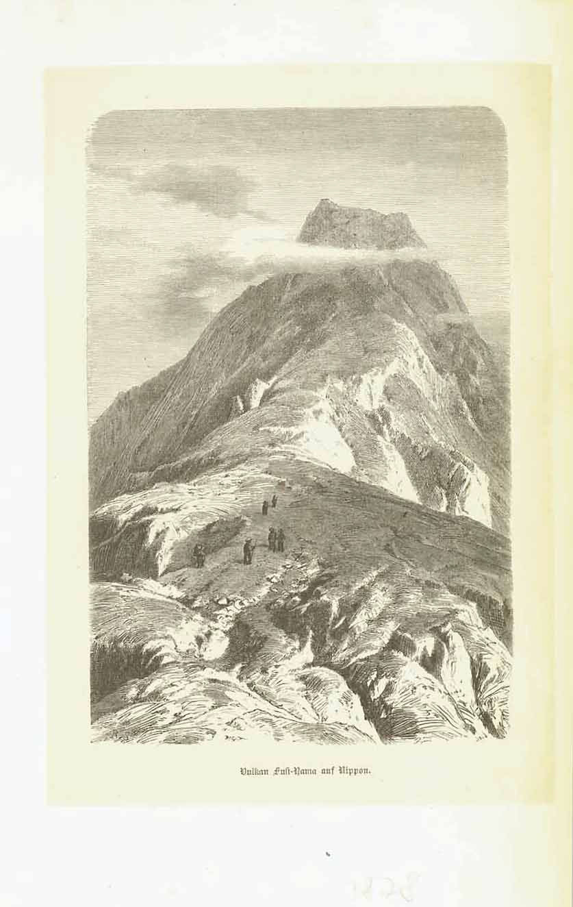 "Vulkan Fusi-Yama auf Nippon"  Wood engraving published 1878.  Original antique print 