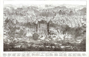 "A Bird's Eye View of Ancient Jerusalem, Embracing a Minute Representation of this Sacred City".  Wood etching ca 1880.  This historical print shows Jerusalem with its many religious and historical monuments. At the bottom of the page is a legend explaining the variousspecial monuments of this historical city.