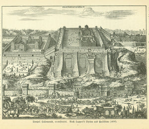 "Tempel Salamonis, reconstruiert"  Wood engraving made from an earlier engraving. Published 1885.  On the reverse side is text about historical Jerusalem.