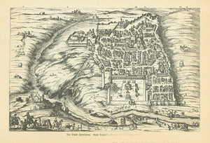 "Die Stadt Jerusalem"  Wood engraving made from an earlier print from Dapper's Syrien und Palestina work in 1688. This print was published 1885. On the reverse side is a very interesting numbered list of the buildings as they were known in 1885.