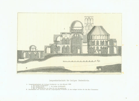 "Langendurchschnitt der heiligen Grabeskirche"  (Church of the Holy Sepulchre)  Original antique print   Architectural side view.  Toned wood engraving published 1861., Israel, Naher Osten