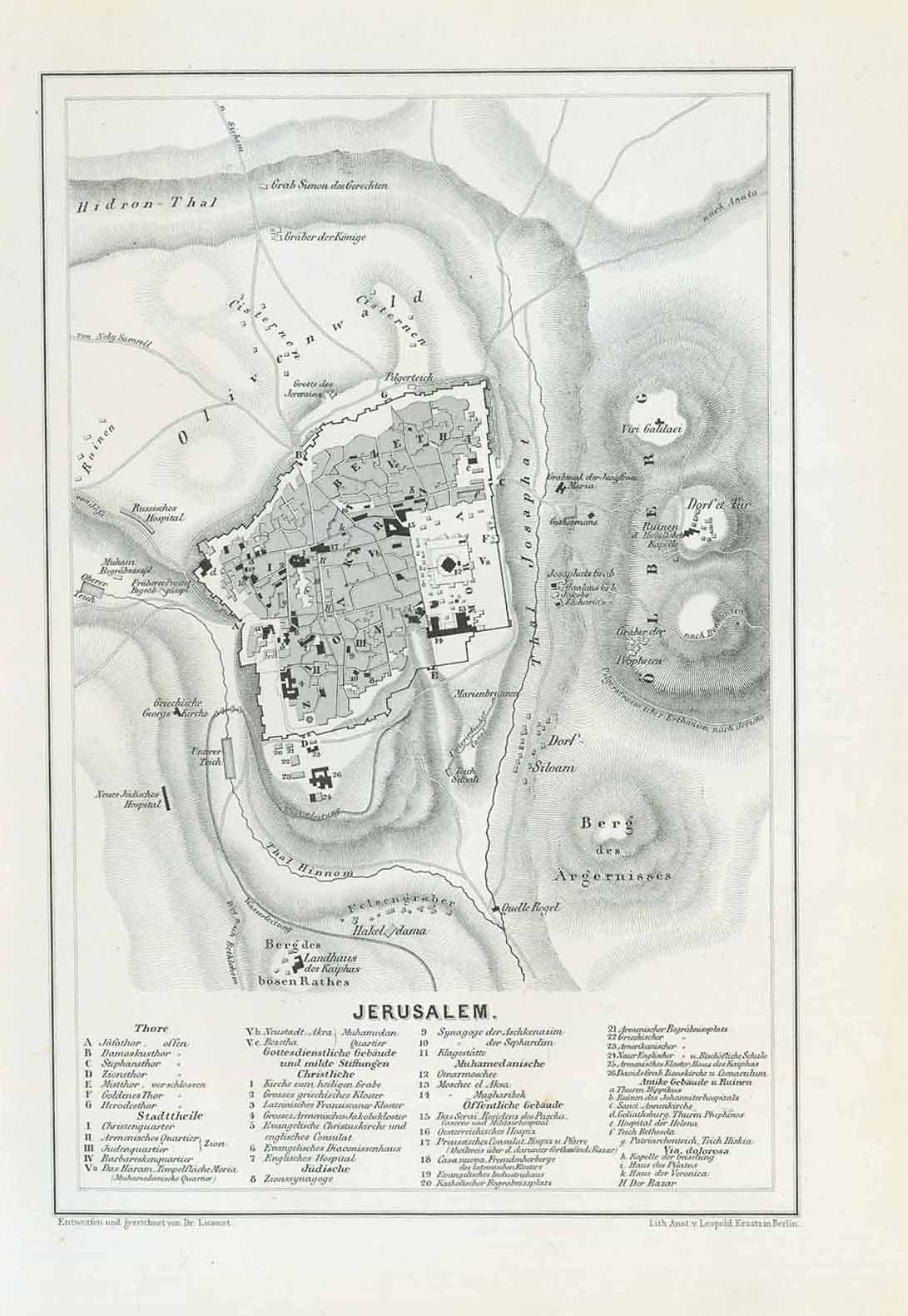 "Jerusalem"  Lithograph plan of Jerusalem after Dr. Lionnet. Published 1861.  The names of the various monuments and city areas shown  are given in a key below the detailed map.  Original antique print 