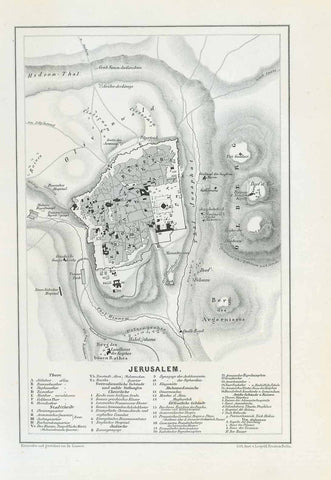 "Jerusalem"  Lithograph plan of Jerusalem after Dr. Lionnet. Published 1861.  The names of the various monuments and city areas shown  are given in a key below the detailed map.  Original antique print 