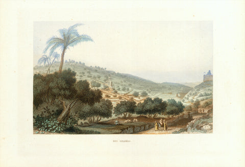 "Der Oelberg"  Steel engraving of the Mount of Olives. Printed in color and highlighted by hand. Published 1861. Very good condition.  Original antique print 