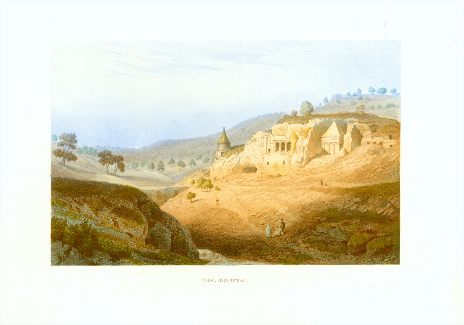 "Thal Josaphat"  Original antique print   Toned steel engraving published 1861. Hand-color highlighting. Monastery, Jerusalem