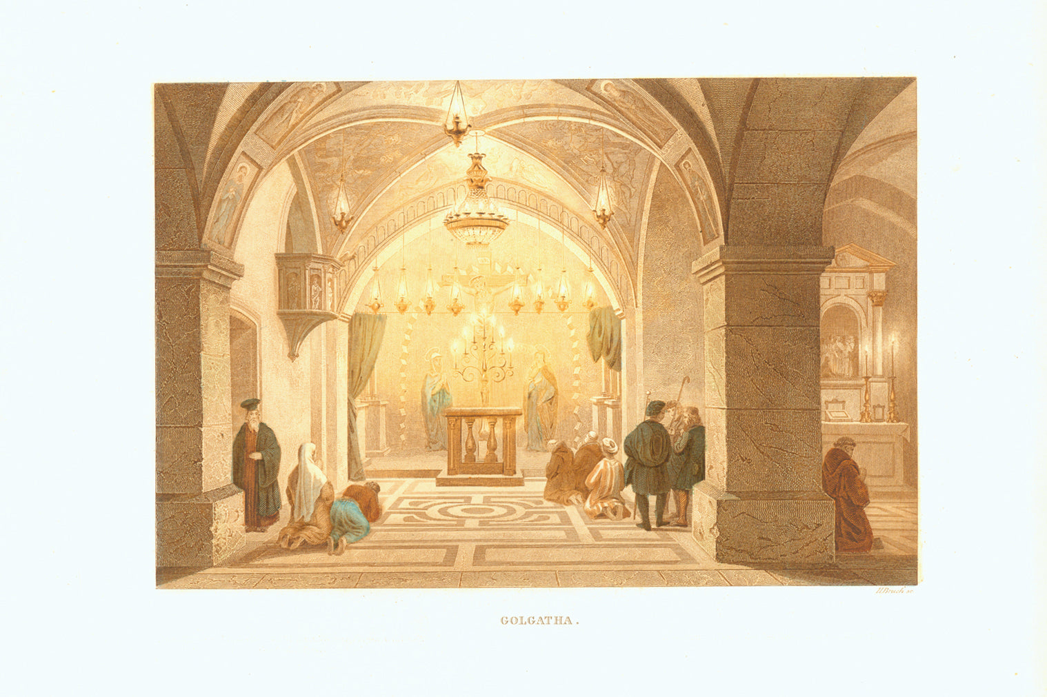 "Golgatha" - Holy Sepulcher  Original antique print   Toned steel engraving with hand-colored highlights by H. Bruck. Published 1861.