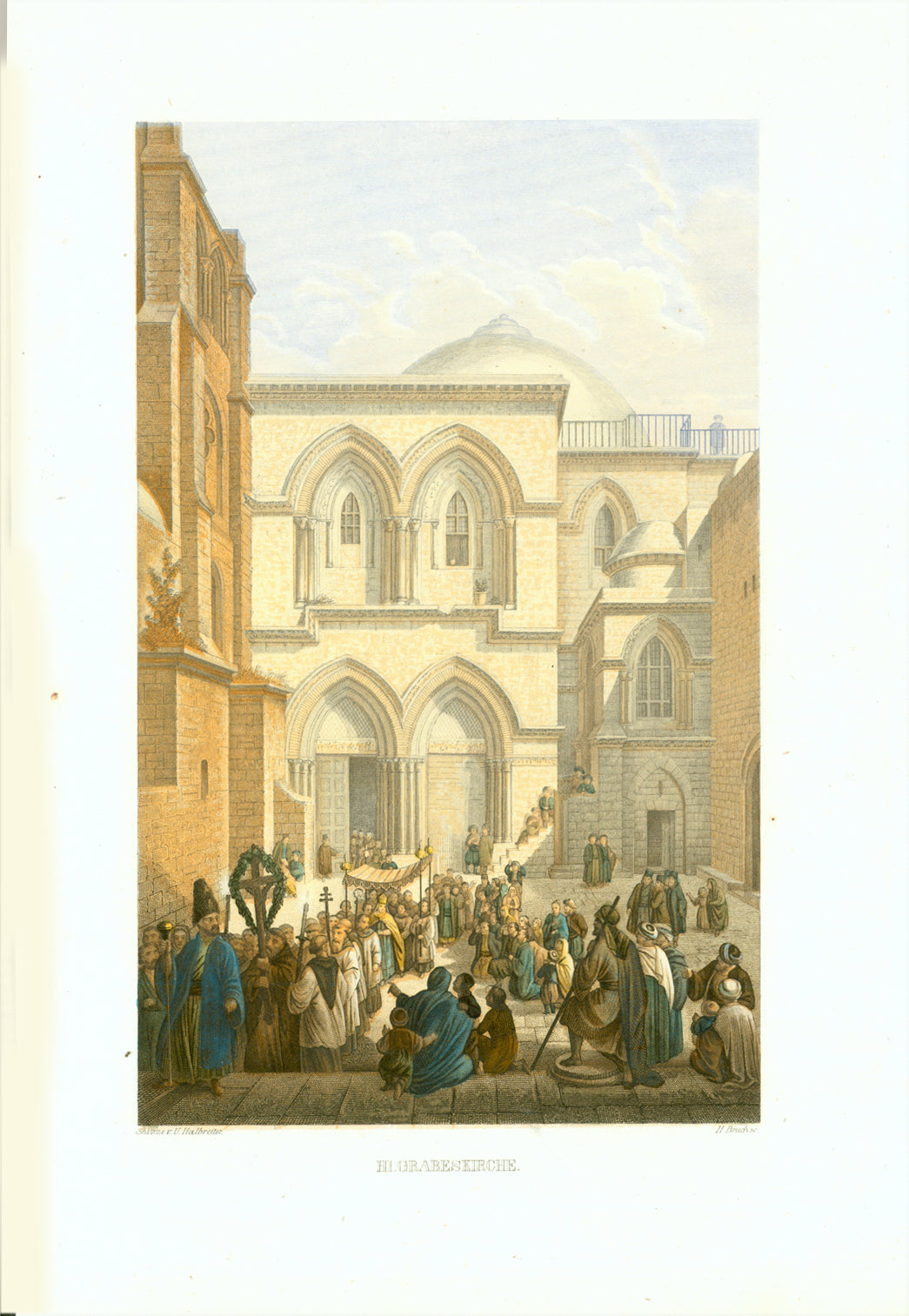 "Hl. Grabeskirche" (Church of the Holy Sepulchre)  Original antique print   Toned steel engraving with hand-colored highlights by Bruck after Halbreiter. Published 1861.