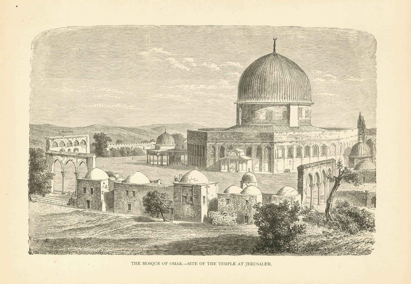 "The Mosque of Omar. - Site of the Temple at Jerusalem"  Wood engraving. Ca. 1880  Original antique print , Moschee