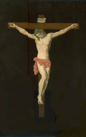 Crucifixion of Jesus Christ.  Anonymous hand-colored lithograph.  The black gouache color surrounding the crucifix is also hand-applied.  Age and use have left some minor traces in the black color. The body of Christ on the cross and the cross itself are in very good condition, except for a small spot on the left lower leg. The paper has foxing, but because of the covering black color this can be seen only from the reverse side.   Paper indicates printing time ca. 1850 