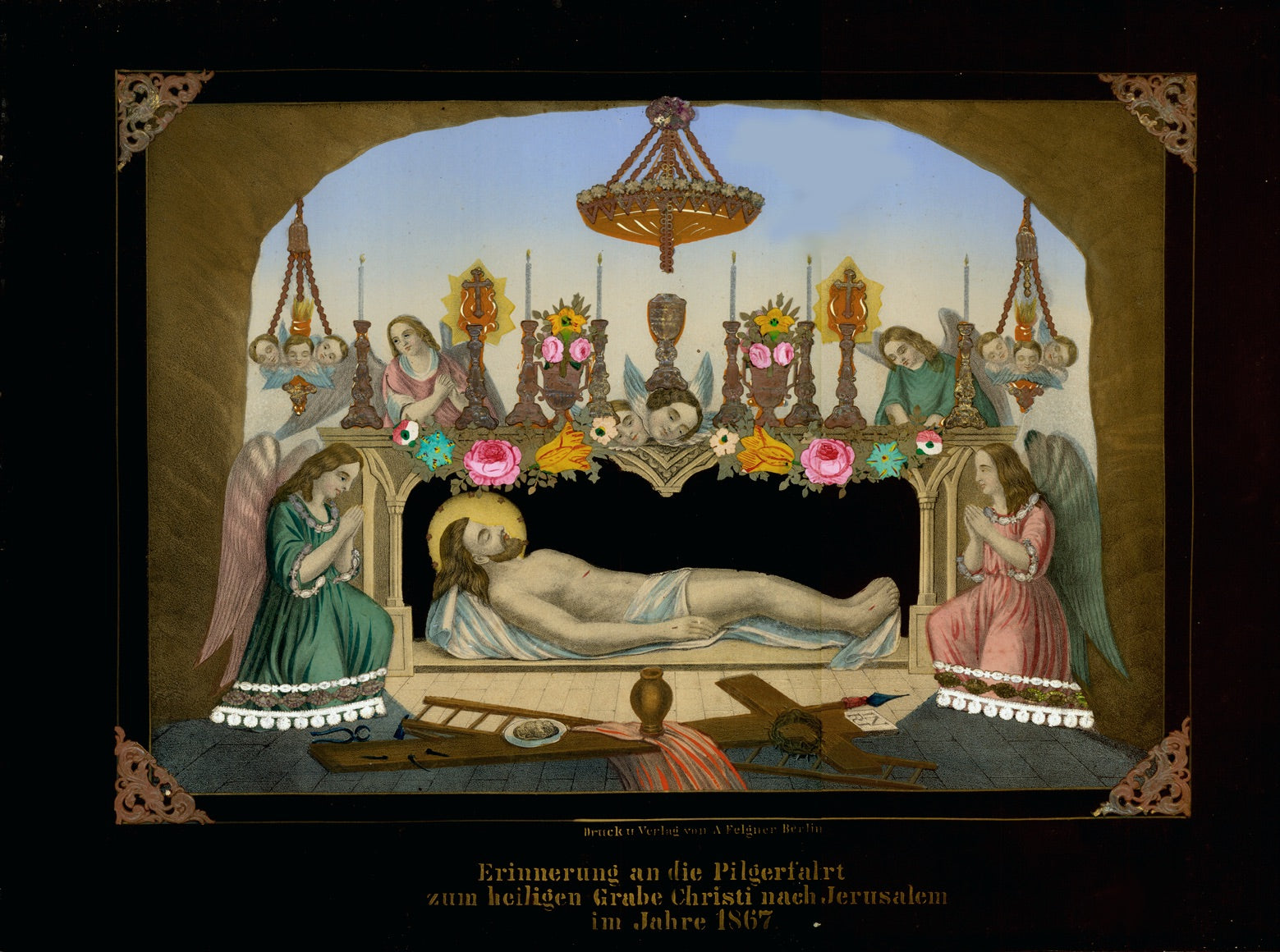 "Erinnerung an die Pilgerfahrt zum heiligen Grabe Christi nach Jerusalem im Jahre 1867"  (Reminiscense of the pilgrimage to the Holy Sepulcher of Christ to Jerusalem, 1867)  Chromolithograph printed in color and adorned with lacquer flowers, raised silver lace and raised silver and gold decor on challise, candle sticks, lamps and dress bordures. The four corners of lithograph raised with decorative silver triangles.An elaborate extremely well preserved religious piece of art.  Published by Felgner. Berlin, 