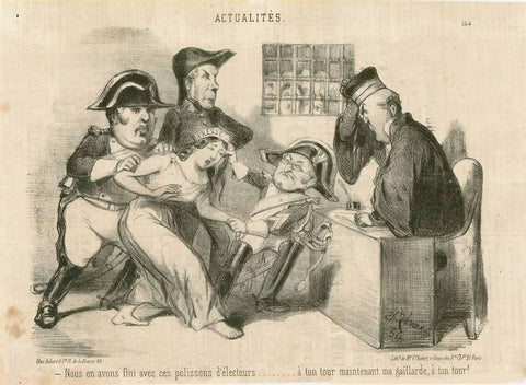 Actualites. - "Nous en avons fini avec ces polissons d'électeurs... a ton tour maintenant ma gaillarde, a ton tour"  Translation: Censorship judge: "Now that we are done with these naughty voters. it's your turn now my crafty devil, it's your turn!"  Lithograph by Charles Verlaine (1844-1896)  Published in Le Charivari in the series: Actualites with the number 164  Paris, ca. 1880  Original antique print 